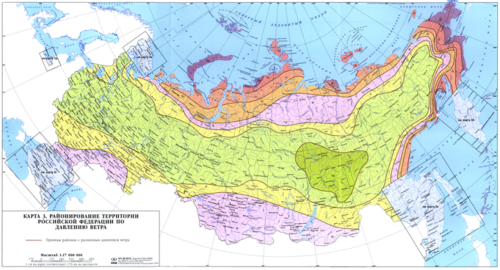 Рисунок 1. Районирование территории Российской Федерации по давлению ветра по СП 20.13330.2011.