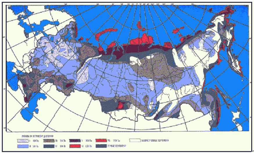 Рисунок 2. Районирование территории Российской Федерации по давлению ветра по ПУЭ (7-е издание).